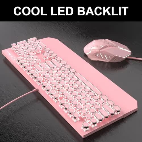 Retro Pink Typewriter-Style Keyboard and Mouse Combo, Cute Light Up Wired Mechanical Keyboard with Linear Red Switches, Full Size for Gaming, Work, Mac, PC, Windows image