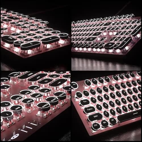 Retro Pink Typewriter-Style Keyboard and Mouse Combo, Cute Light Up Wired Mechanical Keyboard with Linear Red Switches, Full Size for Gaming, Work, Mac, PC, Windows image