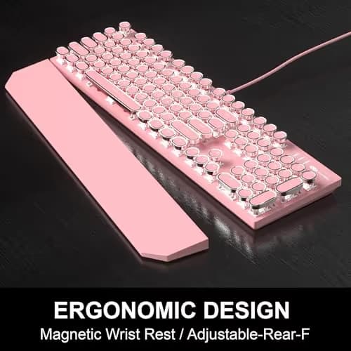 Retro Pink Typewriter-Style Keyboard and Mouse Combo, Cute Light Up Wired Mechanical Keyboard with Linear Red Switches, Full Size for Gaming, Work, Mac, PC, Windows image