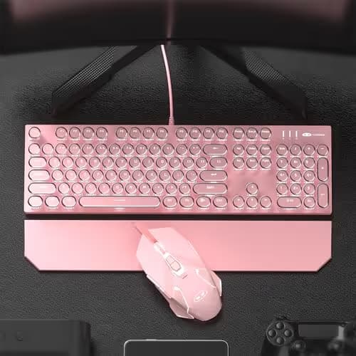 Retro Pink Typewriter-Style Keyboard and Mouse Combo, Cute Light Up Wired Mechanical Keyboard with Linear Red Switches, Full Size for Gaming, Work, Mac, PC, Windows image
