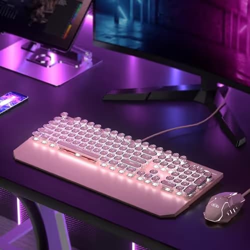 Retro Pink Typewriter-Style Keyboard and Mouse Combo, Cute Light Up Wired Mechanical Keyboard with Linear Red Switches, Full Size for Gaming, Work, Mac, PC, Windows image