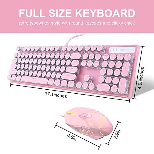 Retro Pink Typewriter-Style Keyboard and Mouse Combo, Cute Light Up Wired Mechanical Keyboard with Linear Red Switches, Full Size for Gaming, Work, Mac, PC, Windows image
