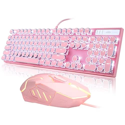 Retro Pink Typewriter-Style Keyboard and Mouse Combo, Cute Light Up Wired Mechanical Keyboard with Linear Red Switches, Full Size for Gaming, Work, Mac, PC, Windows image