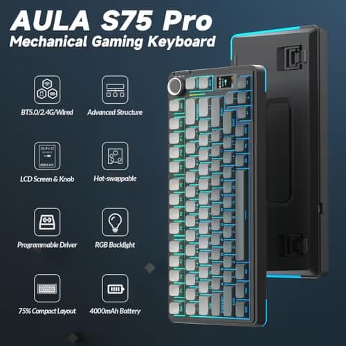 AULA S75 PRO Wireless Mechanical Keyboard with Screen&Knob, Tri-Mode Hot Swappable Gaming Keyboard 75%, Pre-lubed Switches, RGB Backlit, Side Printed PBT Keycaps, Creamy Sounding Computer Keyboards image