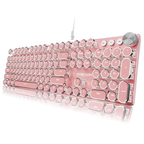 EWEADN Typewriter Style Mechanical Keyboard, Wired Typewriter Keyboards,104 Keys Backlit LED Metal Keyboards, Media Control Knob, Wired Computer Keyboard White Switch for Windows/PC-Dark Pink image