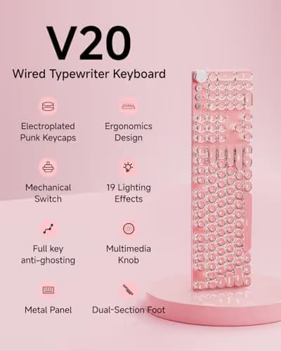 EWEADN Typewriter Style Mechanical Keyboard, Wired Typewriter Keyboards,104 Keys Backlit LED Metal Keyboards, Media Control Knob, Wired Computer Keyboard White Switch for Windows/PC-Dark Pink image