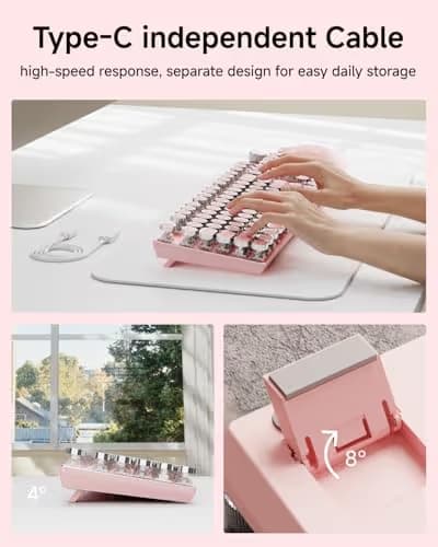 EWEADN Typewriter Style Mechanical Keyboard, Wired Typewriter Keyboards,104 Keys Backlit LED Metal Keyboards, Media Control Knob, Wired Computer Keyboard White Switch for Windows/PC-Dark Pink image