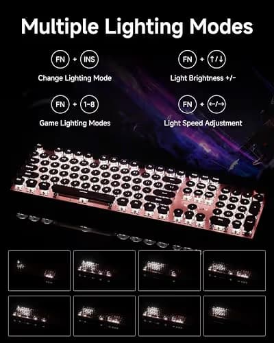 EWEADN Typewriter Style Mechanical Keyboard, Wired Typewriter Keyboards,104 Keys Backlit LED Metal Keyboards, Media Control Knob, Wired Computer Keyboard White Switch for Windows/PC-Dark Pink image