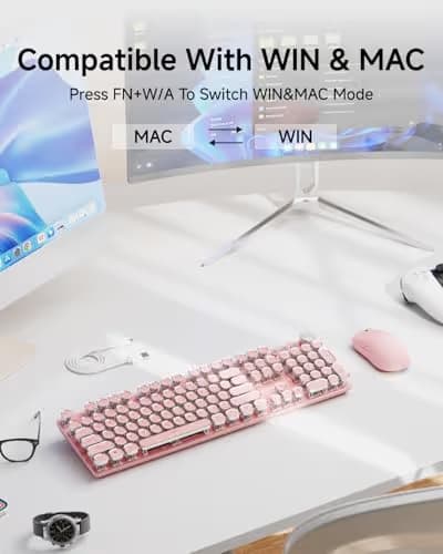 EWEADN Typewriter Style Mechanical Keyboard, Wired Typewriter Keyboards,104 Keys Backlit LED Metal Keyboards, Media Control Knob, Wired Computer Keyboard White Switch for Windows/PC-Dark Pink image