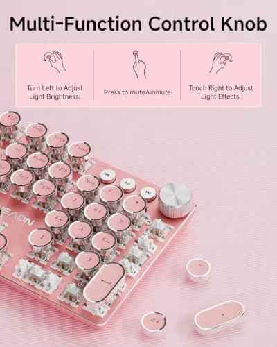 EWEADN Typewriter Style Mechanical Keyboard, Wired Typewriter Keyboards,104 Keys Backlit LED Metal Keyboards, Media Control Knob, Wired Computer Keyboard White Switch for Windows/PC-Dark Pink image