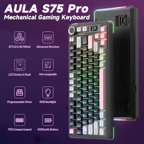 AULA S75 PRO Wireless Mechanical Keyboard with Screen&Knob, 75% Hot Swappable Gaming Keyboard with Pre-lubed Switches, RGB Backlit, PBT Keycaps Creamy Sounding Pc Gaming Keyboards image