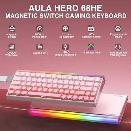 AULA Hero 68 HE 60% Wired Gaming Keyboard, Hall Effect Magnetic Switch Keyboard with Adjustable Actuation, Fast Trigger Mode, 8K Hz Polling Rate, 0.125ms Latency,RGB Backlit, Side Printed PBT Keycaps image