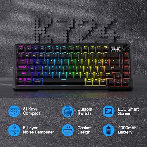 Redragon K724 PRO Wireless Gasket Gaming Keyboard w/Hype Screen & Knob, 81-Key Mechanical Keyboard, Easy-Control 1.14’’ TFT Info Display, 5-Layer Noise Dampening, Custom Linear Switch image