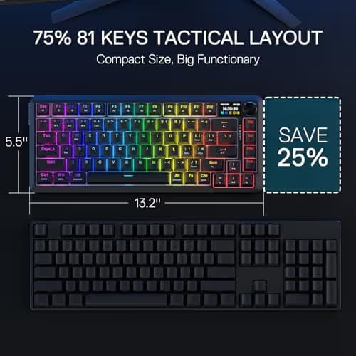 Redragon K724 PRO Wireless Gasket Gaming Keyboard w/Hype Screen & Knob, 81-Key Mechanical Keyboard, Easy-Control 1.14’’ TFT Info Display, 5-Layer Noise Dampening, Custom Linear Switch image