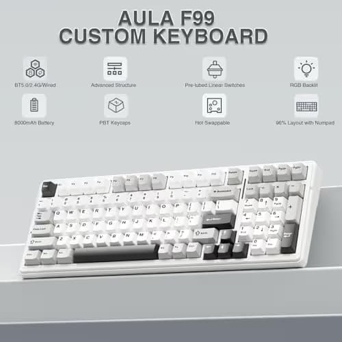 AULA F99 Wireless Mechanical Keyboard,Tri-Mode BT5.0/2.4GHz/USB-C Hot Swappable Custom Keyboard,Pre-lubed Linear Switches,RGB Backlit Computer Gaming Keyboards for PC/Tablet/PS/Xbox image