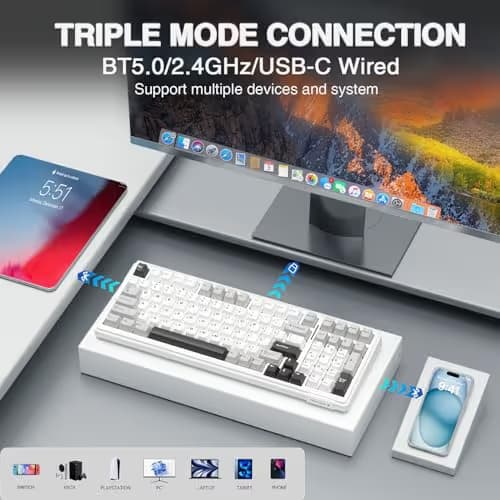 AULA F99 Wireless Mechanical Keyboard,Tri-Mode BT5.0/2.4GHz/USB-C Hot Swappable Custom Keyboard,Pre-lubed Linear Switches,RGB Backlit Computer Gaming Keyboards for PC/Tablet/PS/Xbox image