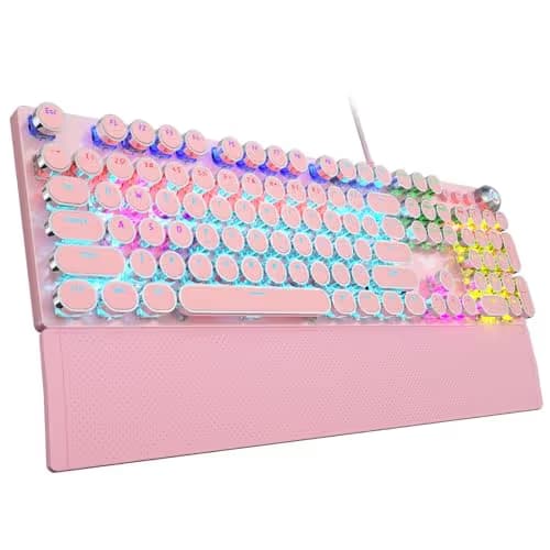 AULA F2088 Typewriter Mechanical Keyboard, Pink Retro Wired Gaming Keyboard with Blue Switches, Rainbow Backlit, Round Keycaps, Media Knob & Removable Wrist Rest main image