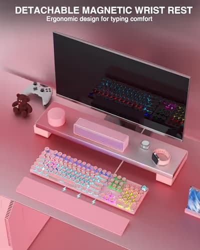 AULA F2088 Typewriter Mechanical Keyboard, Pink Retro Wired Gaming Keyboard with Blue Switches, Rainbow Backlit, Round Keycaps, Media Knob & Removable Wrist Rest image