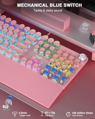 AULA F2088 Typewriter Mechanical Keyboard, Pink Retro Wired Gaming Keyboard with Blue Switches, Rainbow Backlit, Round Keycaps, Media Knob & Removable Wrist Rest image