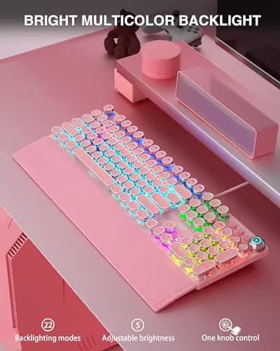 AULA F2088 Typewriter Mechanical Keyboard, Pink Retro Wired Gaming Keyboard with Blue Switches, Rainbow Backlit, Round Keycaps, Media Knob & Removable Wrist Rest image
