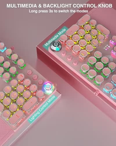 AULA F2088 Typewriter Mechanical Keyboard, Pink Retro Wired Gaming Keyboard with Blue Switches, Rainbow Backlit, Round Keycaps, Media Knob & Removable Wrist Rest image