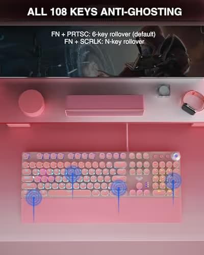 AULA F2088 Typewriter Mechanical Keyboard, Pink Retro Wired Gaming Keyboard with Blue Switches, Rainbow Backlit, Round Keycaps, Media Knob & Removable Wrist Rest image