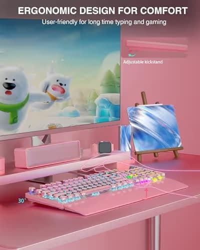 AULA F2088 Typewriter Mechanical Keyboard, Pink Retro Wired Gaming Keyboard with Blue Switches, Rainbow Backlit, Round Keycaps, Media Knob & Removable Wrist Rest image