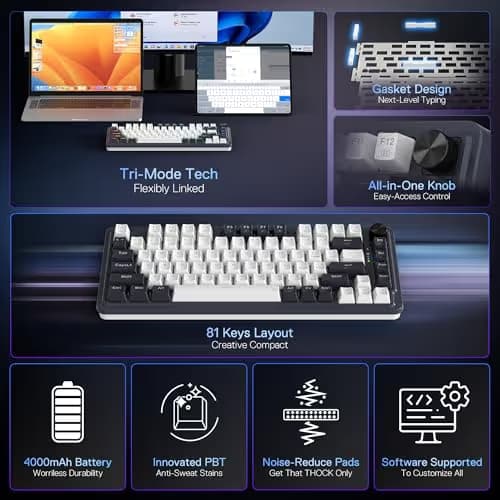 Redragon K673 PRO 75% Wireless Gasket RGB Gaming Keyboard, 3-Modes 81 Keys Compact Mechanical Keyboard Hot-Swap Socket, Dedicated Knob Control and 5-Layer Noise Dampening, Linear Red Switch image