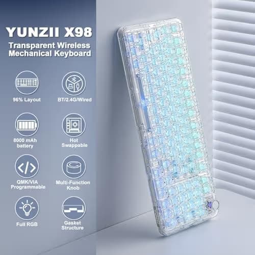 YUNZII X98 QMK/VIA Wireless Mechanical Gaming Keyboard with Knob,Tri-Mode BT5.0/USB-C/2.4GHz Hot Swappable Keyboard,Pre-lubed Switches Gasket Mount RGB Backlit for Wins/Mac (White, Snow Switch) image