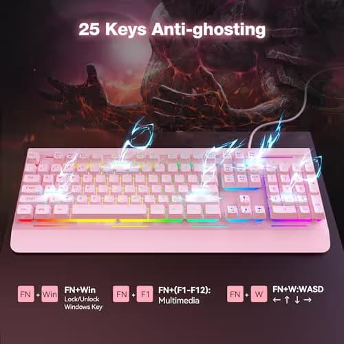 TECKNET Gaming Keyboard, USB Wired Computer Keyboard, 15-Zone RGB Illumination, IP32 Water Resistance, 25 Anti-ghosting Keys, All-Metal Panel (Whisper Quiet Gaming Switch) image