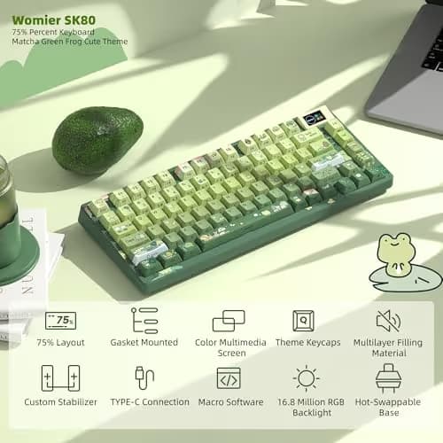 Womier SK80 75% Keyboard with Color Multimedia Display Mechanical Gaming Keyboard Cute Green Frog Wired Hot Swappable Gasket Mount RGB Custom Key Board, Pre-lubed Stabilizer for Mac/Win, Green image
