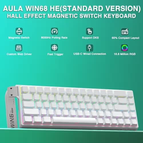AULA WIN68 HE Mechanical Gaming Keyboard 60%, Hall Effect Magnetic Switch, Fast Trigger Mode Adjustable Actuation, 8000Hz Polling Rate, RGB Backlit, Wired White Keyboard for Laptop/PC Gamer image