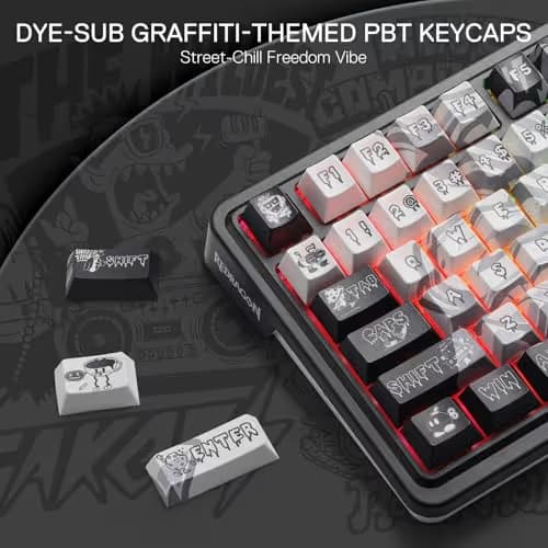 Redragon K719 PRO Wireless Gasket Gaming Keyboard w/Hype Screen & Knob, 95 Keys Mechanical Keyboard, Easy-Control 1.14’’ TFT Info Display, 5-Layer Noise Dampening, Street Graffiti Dye-Sub PBT Keycaps image