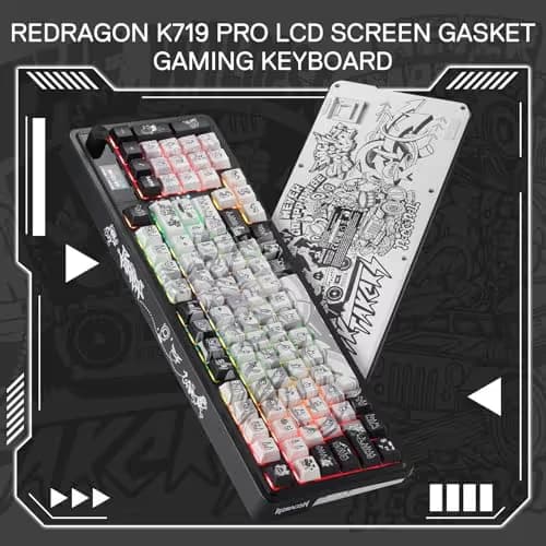 Redragon K719 PRO Wireless Gasket Gaming Keyboard w/Hype Screen & Knob, 95 Keys Mechanical Keyboard, Easy-Control 1.14’’ TFT Info Display, 5-Layer Noise Dampening, Street Graffiti Dye-Sub PBT Keycaps image