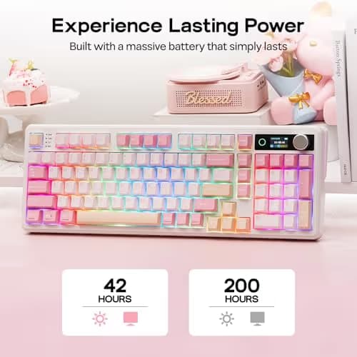 EPOMAKER TH99 PRO 96% Mechanical Keyboard with Screen & Knob, 10000mAh, 2.4Ghz/BT, Hot Swap, Custom Driver, RGB Backlight, PBT Keycap, Wireless Gaming Keyboard for PC/Mac (Pink, Creamy Jade) image