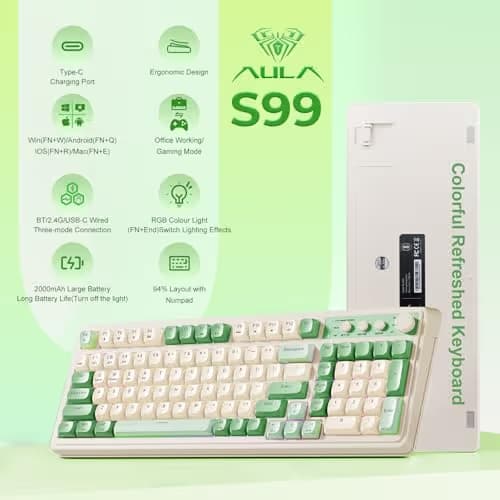 AULA S99 Gaming Keyboard, Wireless Computer Keyboards, Tri-Mode Bluetooth/2.4GHz/USB-C Custom Creamy Keyboard with Number Pad, RGB Backlit Media Knob Cute Programmable Keyboard for PC Gamer - Green image