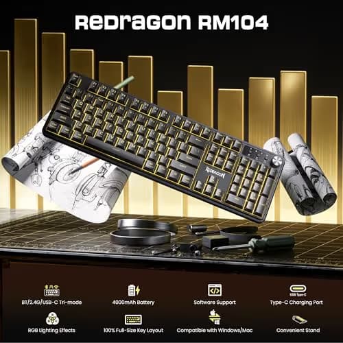 Redragon RM104 Wireless Gaming Keyboard with Knob, Tri-Mode BT/2.4G/USB-C RGB Computer Keyboards, 4000mAh Battery, Programmable Software Support, Anti-Ghosting, Compatible with PC Mac image