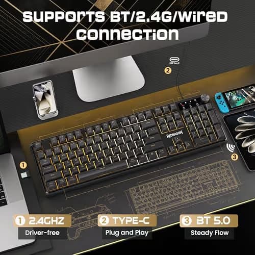 Redragon RM104 Wireless Gaming Keyboard with Knob, Tri-Mode BT/2.4G/USB-C RGB Computer Keyboards, 4000mAh Battery, Programmable Software Support, Anti-Ghosting, Compatible with PC Mac image