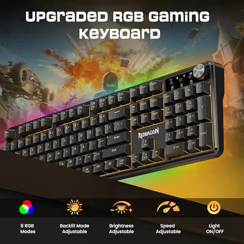 Redragon RM104 Wireless Gaming Keyboard with Knob, Tri-Mode BT/2.4G/USB-C RGB Computer Keyboards, 4000mAh Battery, Programmable Software Support, Anti-Ghosting, Compatible with PC Mac image