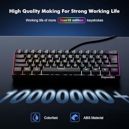 Snpurdiri 60% Wired Gaming Keyboard, RGB Backlit Ultra-Compact Mini Keyboard, Waterproof Small Compact 61 Keys for PC/Mac Gamer, Typist, Travel, Easy to Carry on Business Trip(Black) image