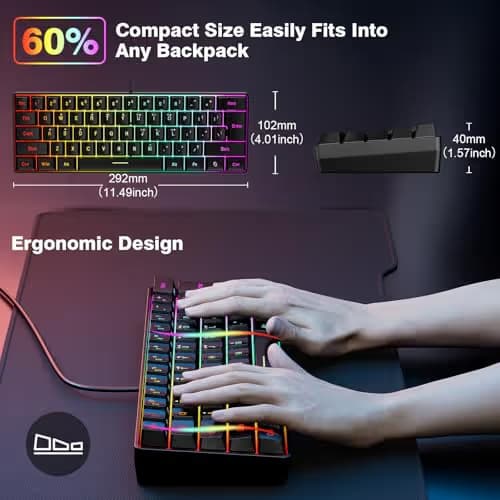 Snpurdiri 60% Wired Gaming Keyboard, RGB Backlit Ultra-Compact Mini Keyboard, Waterproof Small Compact 61 Keys for PC/Mac Gamer, Typist, Travel, Easy to Carry on Business Trip(Black) image