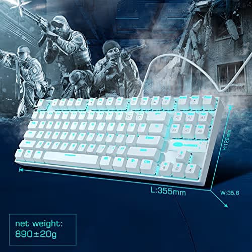 MageGee Mechanical Gaming Keyboard with Blue Switch, Compact 87 Keys Wired Computer Keyboard for Windows Laptop PC Gamer, LED Ice Blue Backlit, White image