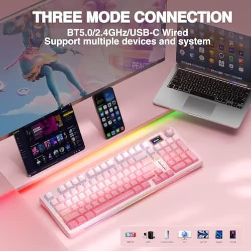 AULA S98 Pro Wireless Mechanical Keyboard with Screen & Knob,2.4GHz/USB-C/BT5.0 Hot Swappable Pink Creamy Keyboard,Pre-lubed Linear Switches,Side Printed PBT Keycaps,RGB Backlit Gaming Keyboards image