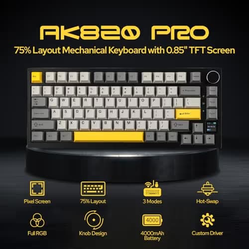 EPOMAKER Ajazz AK820 Pro 75% Wireless Mechanical Keyboard with TFT Smart Display&Knob, Gasket-Mounted Gaming Keyboard, BT/2.4GHz/USB-C Wired (Grey, Flying Fish Switch) image