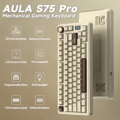 AULA S75 PRO Wireless Mechanical Keyboard with Screen&Knob, 75% Hot Swappable Gaming Keyboard with Pre-lubed Switches, RGB Backlit, PBT Keycaps, Creamy Sounding Computer Keyboards image