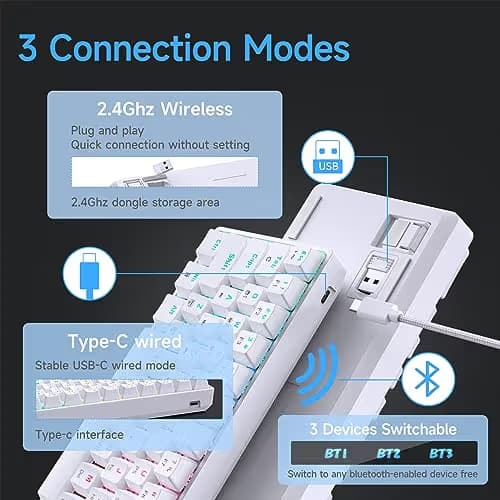 DIERYA DK63 60% Wireless Mechanical Gaming Keyboard | Bluetooth/2.4G/Wired Keyboard | RGB Backlit Compact 63 Keys Mini Office Keyboard | with Red Switch | for Windows Laptop PC Gamer Typist-White image