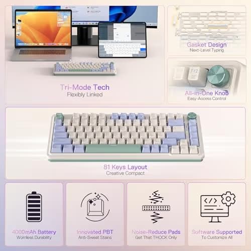 Redragon K673 PRO 75% Wireless Gasket RGB Gaming Keyboard, 3-Modes 81 Keys Compact Mechanical Keyboard w/Hot-Swap Socket, Dedicated Knob Control & Sound Absorbing Pads, Linear Red Switch image