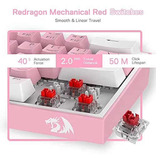 Redragon K617 Fizz 60% Wired RGB Gaming Keyboard, 61 Keys Hot-Swap Compact Mechanical Keyboard w/White and Pink Color Keycaps, Linear Red Switch, Pro Driver/Software Supported image