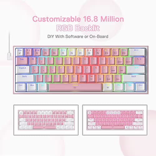 Redragon K617 Fizz 60% Wired RGB Gaming Keyboard, 61 Keys Hot-Swap Compact Mechanical Keyboard w/White and Pink Color Keycaps, Linear Red Switch, Pro Driver/Software Supported image