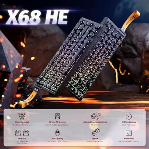 ATTACK SHARK X68 HE Rapid Trigger Mechanical Gaming Keyboard 60% Wired with Adjustable Actuation,Hall Effect Magnetic Switch,8KHz Polling Rate,RGB Backlit,Top Mount,Side Printed Keycap(Black Contour) image
